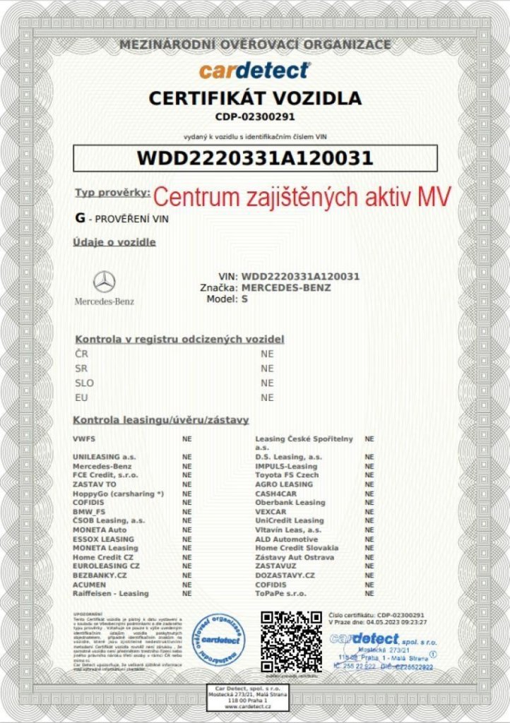 MERCEDES BENZ 3.0D/190kW S350 4-MATIC – registrační místo Ukrajina